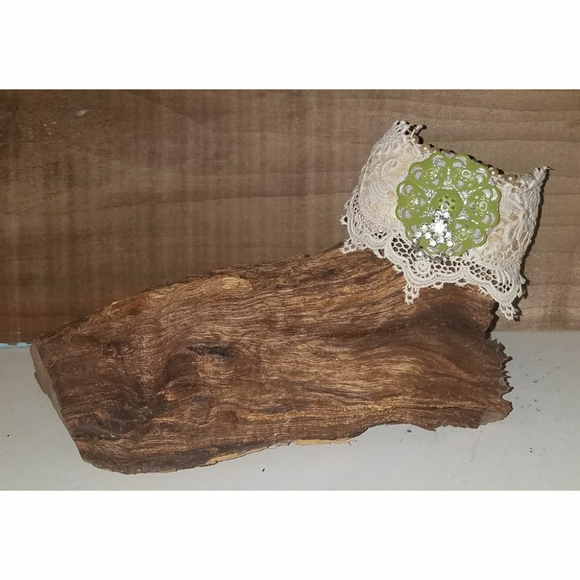 Upcycled Leather Baseball Cuff Lace Rhinestones - Picture 6 of 8